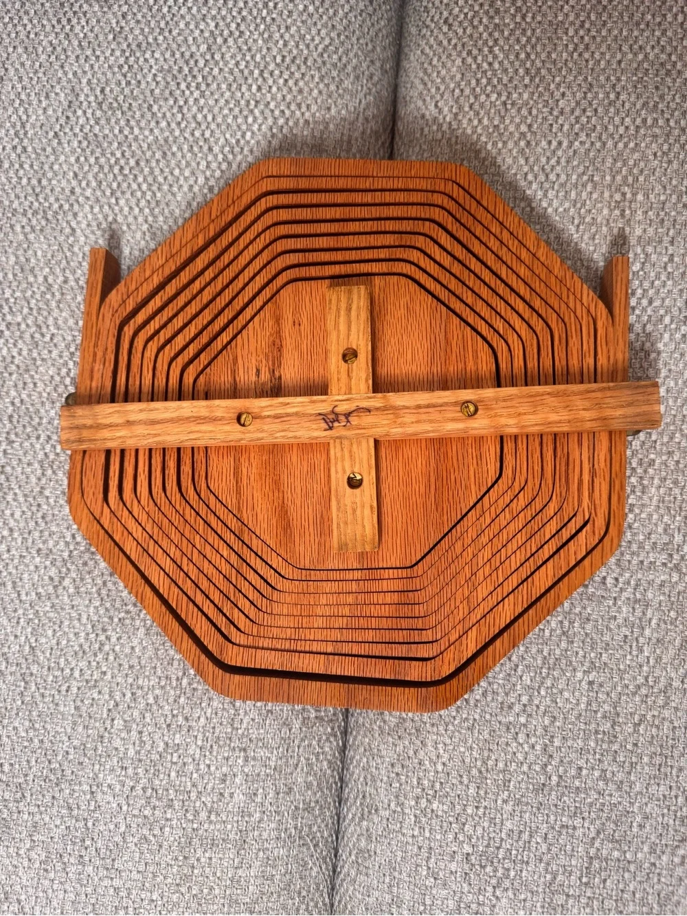 VTG Amish Folk Art Collapsible Wooden Basket Handle Rustic Signed